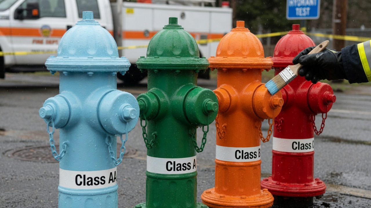 Fire hydrant bonnets color-coded to NFPA 291 capacity classes after a flow test classification