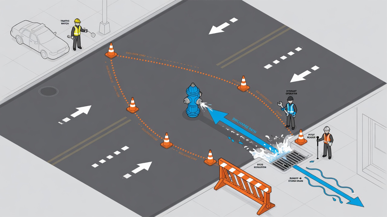 Top-down site envelope diagram for NFPA 291 fire hydrant flow testing showing exclusion zones, traffic watch, and discharge path