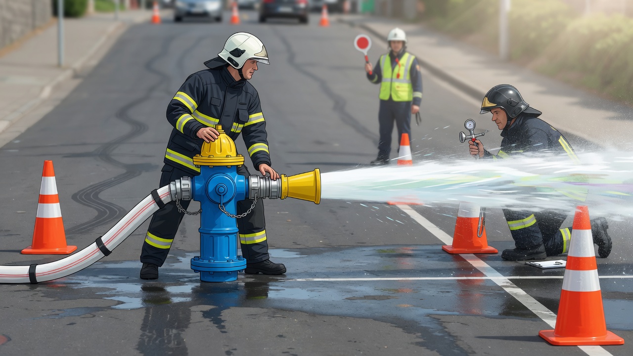 Correct body positioning and stream path during NFPA 291 hydrant flow test controlled open and pitot reading