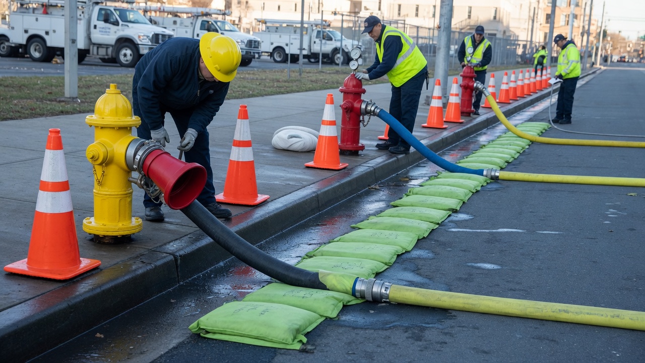 Staged fire hydrant flow test setup with diffuser, dechlor path, and gauges before opening the valve