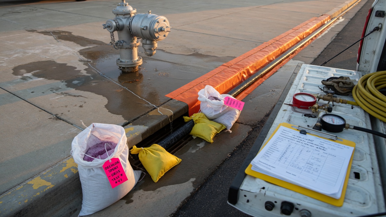 Controlled runoff and bagged dechlor media after NFPA 291 hydrant flow testing with diffuser hardware noted