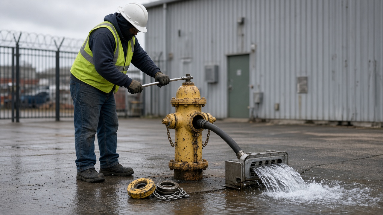 Technician conducting NFPA 25 annual private hydrant flow test with diffuser and no pitot instrumentation