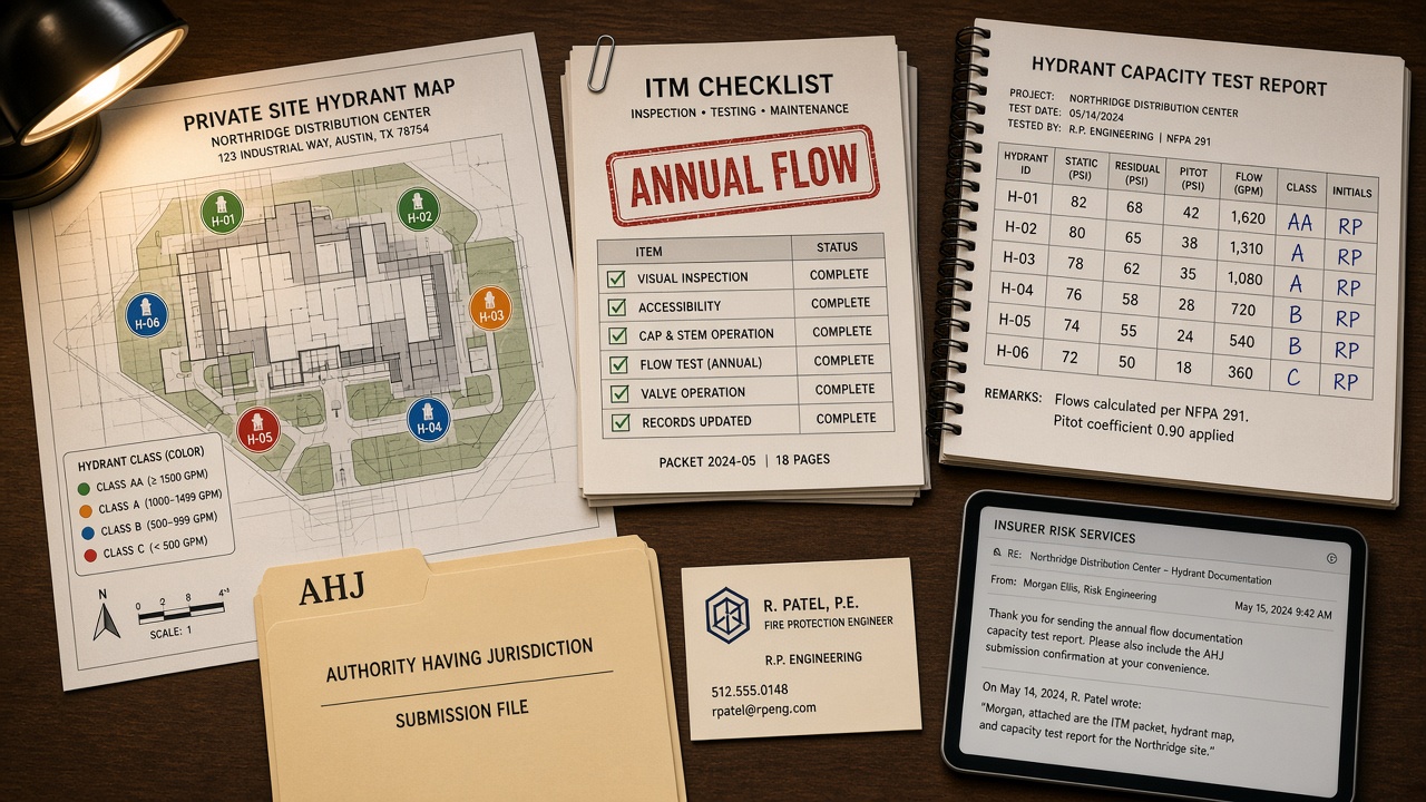 Private hydrant testing records handoff with ITM checklist, capacity test report, and site map for AHJ and insurer