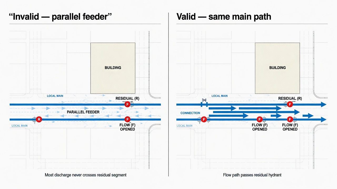 Plan-view comparison of valid versus invalid flow hydrant placement for NFPA 291 residual testing