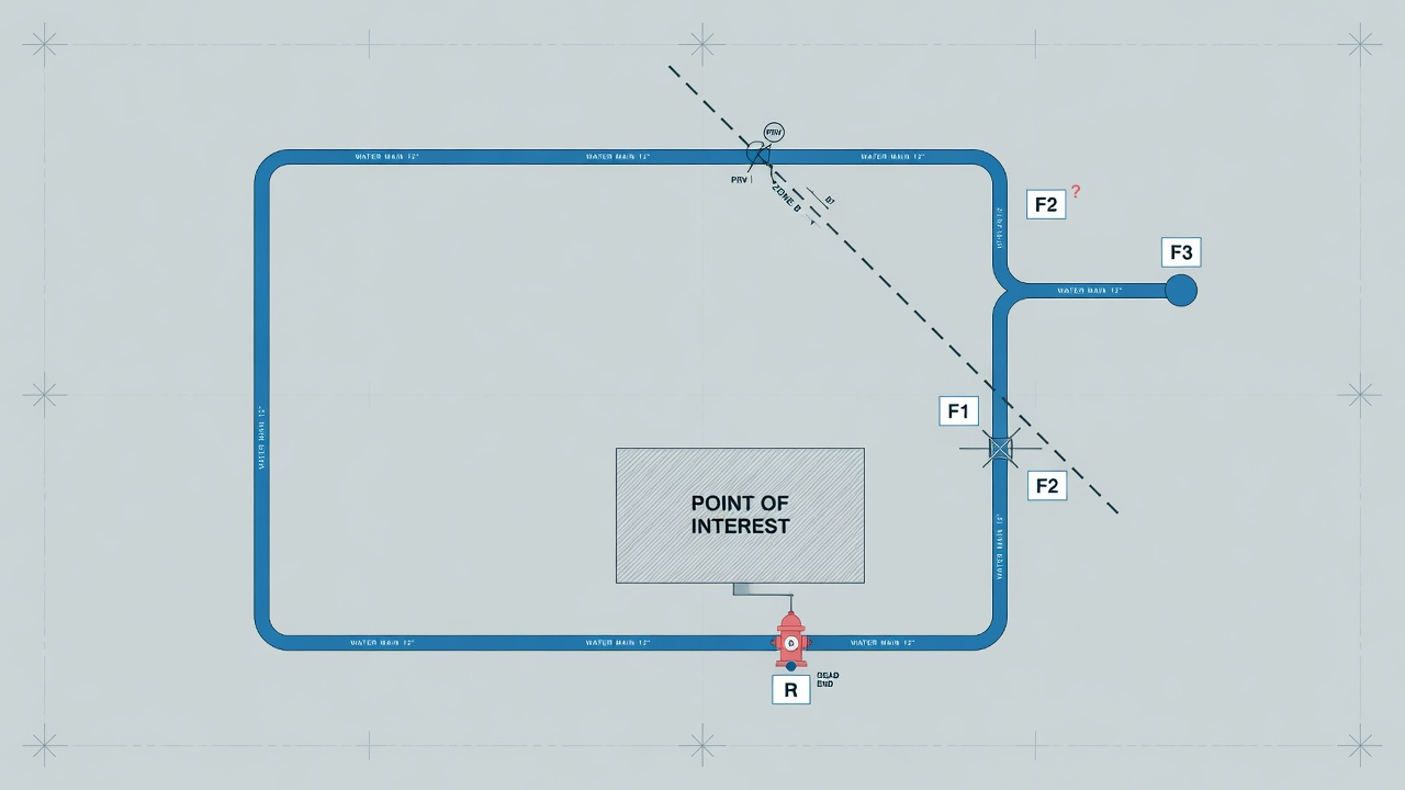 Water distribution layout diagram labeling residual and flow hydrant candidates for an NFPA 291 test