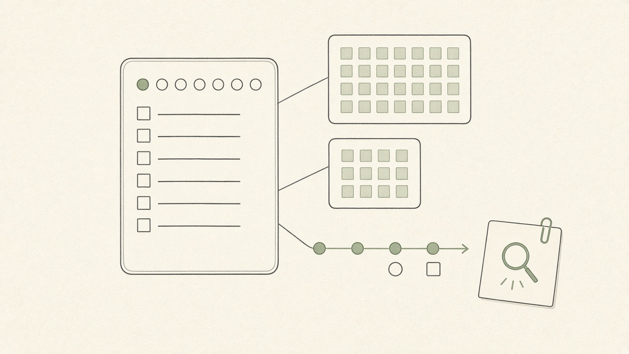 Content operations dashboard map linking a weekly item log to a KPI sheet, calendar, and publish path
