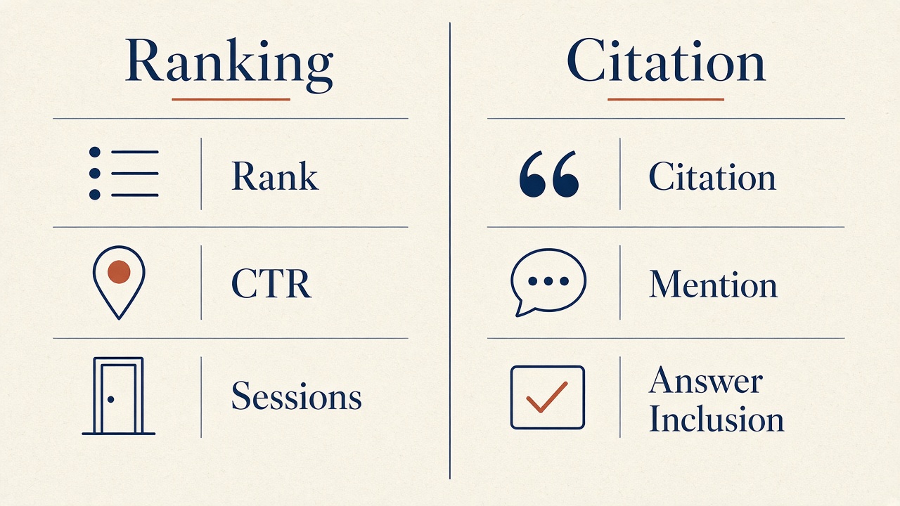 Ranking versus citation scorecard comparing SEO metrics with AEO citation and answer inclusion