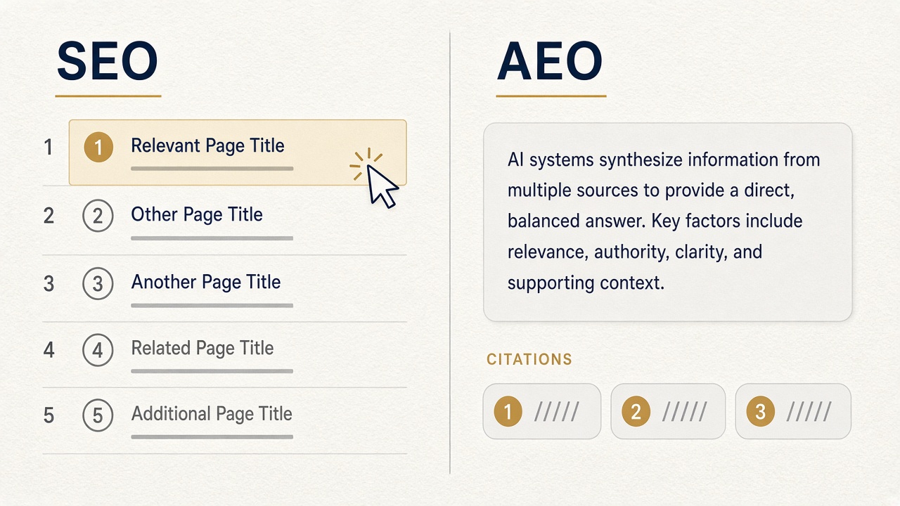 AEO vs SEO working definitions: ranked results and a click versus an AI answer with citation chips
