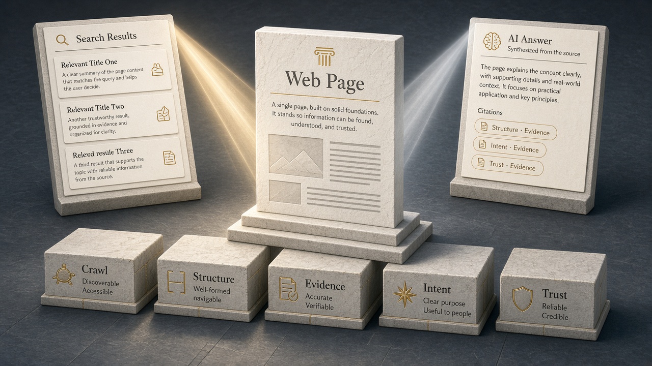 Classic SEO fundamentals as foundation blocks supporting both search rankings and AI answers