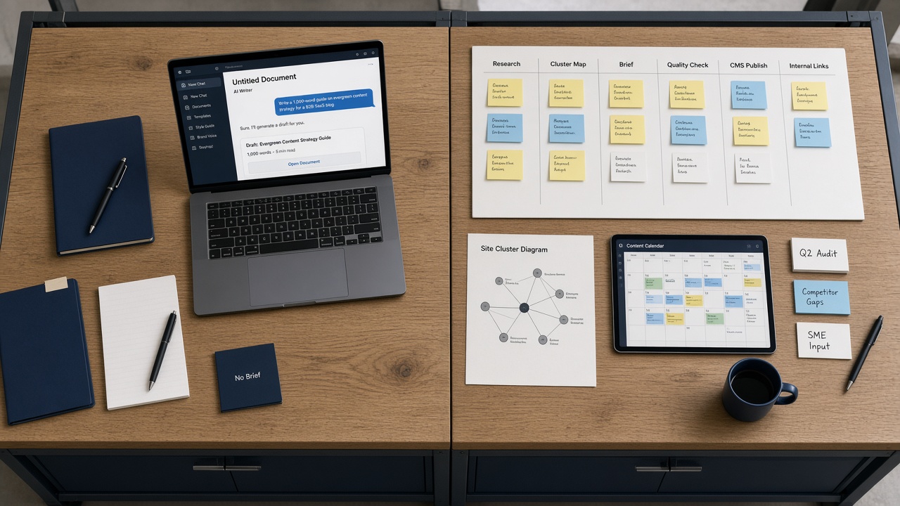 AI article writer chat versus research-to-CMS publishing pipeline workspace