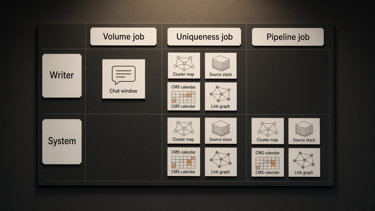Three-job matrix comparing AI writer versus publishing system for volume uniqueness and pipeline