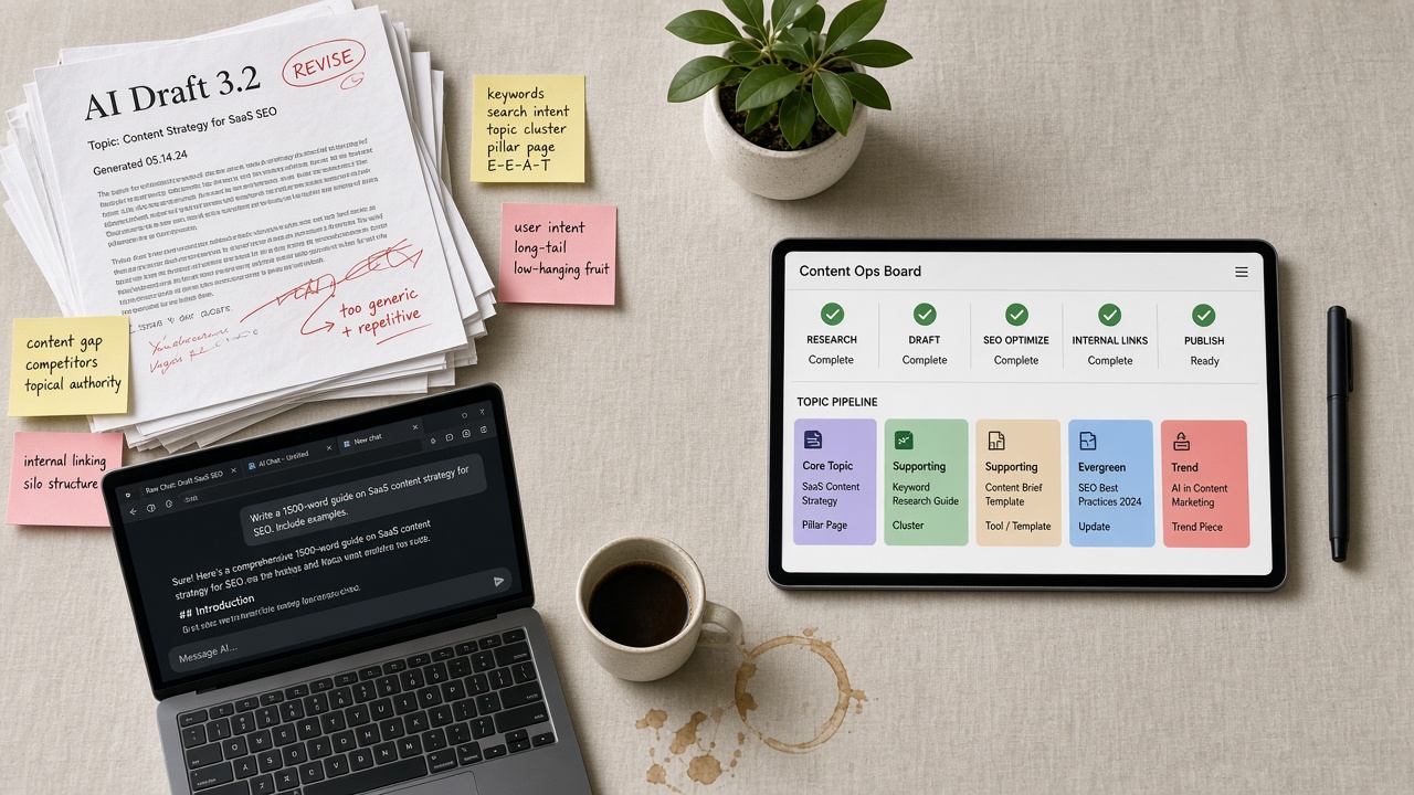 Side-by-side desk showing high ops load with AI blog writers versus streamlined autoblogging workflow
