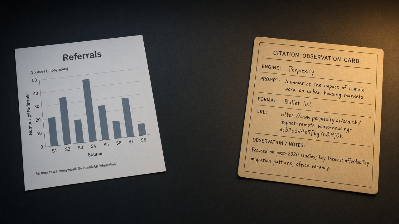 Analytics referral report beside a handwritten AI citation log, two different measurements