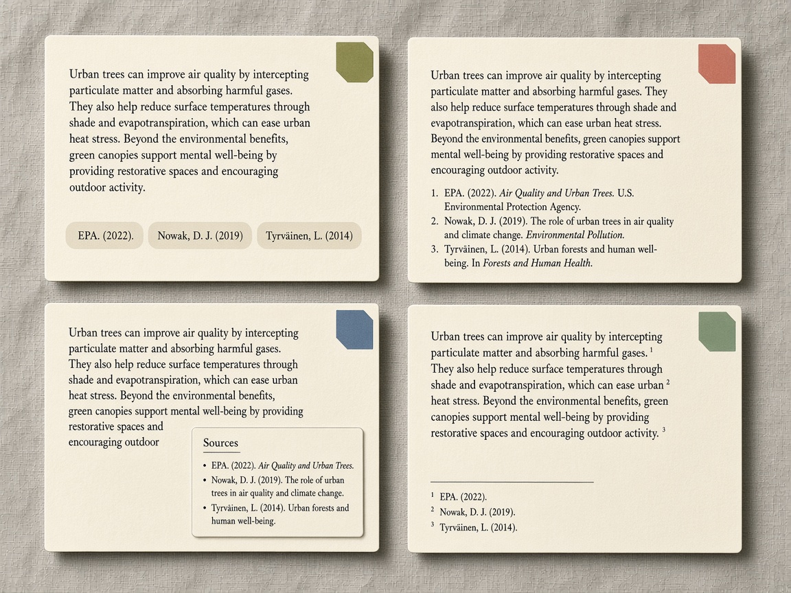 Citation fields that change by engine: pills, footnotes, source cards, and superscripts