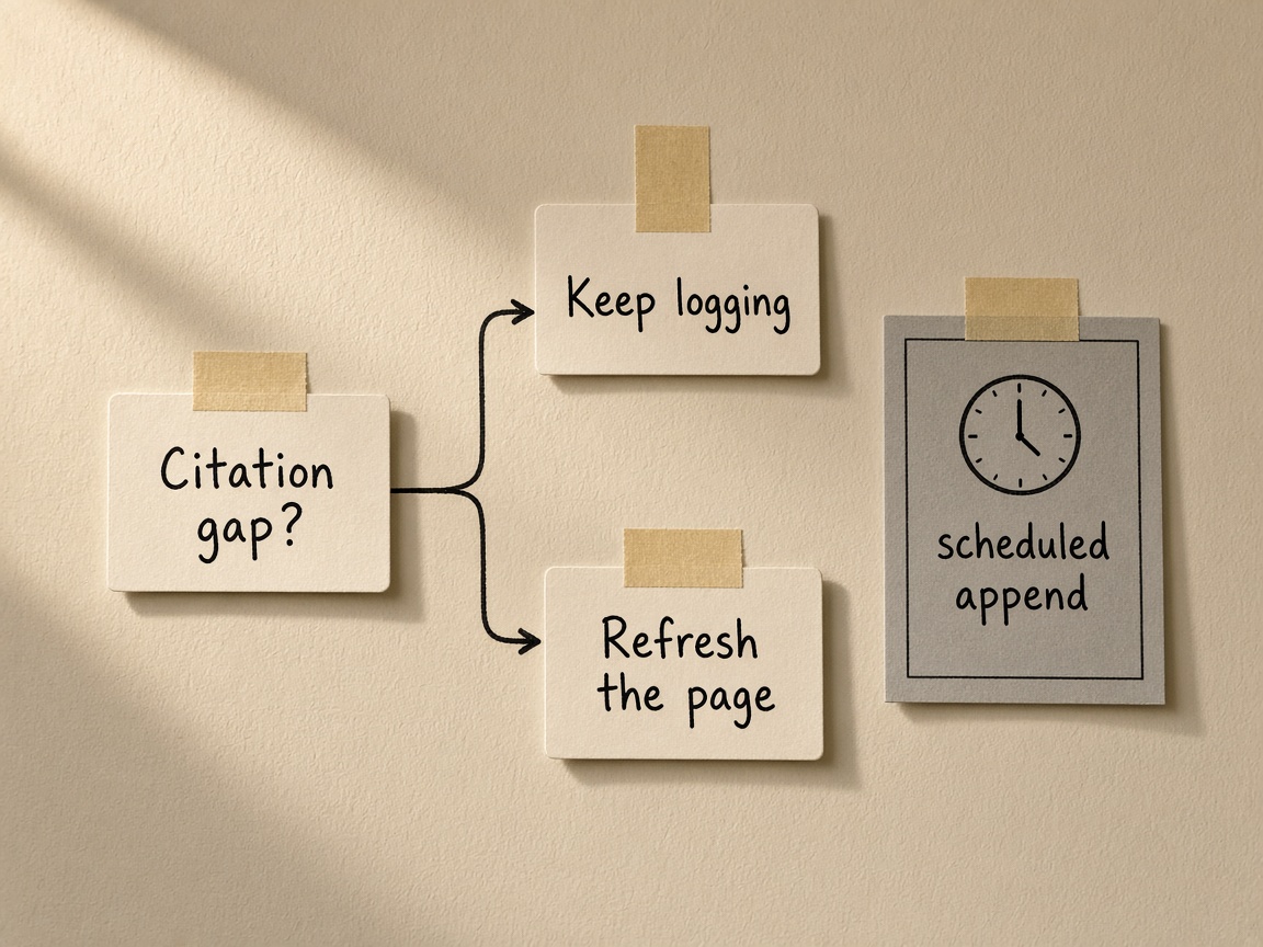 AI citation tracking decision path from a repeated gap to logging or a content refresh