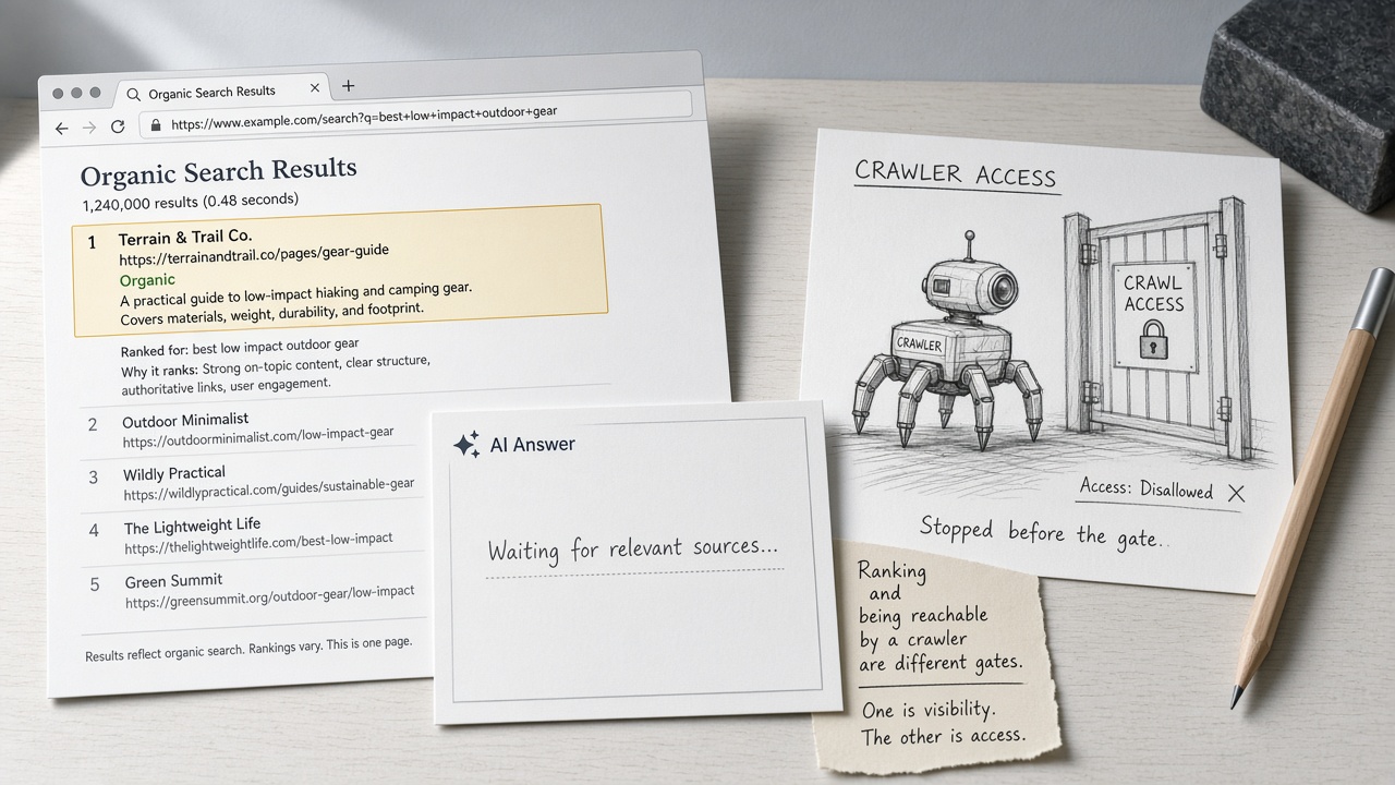 AI citation tracking contrast of a ranking page and crawler access before a cite
