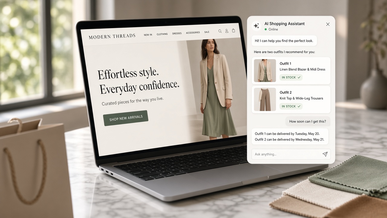Ecommerce AI shopping assistant recommending products and answering shipping questions on a storefront