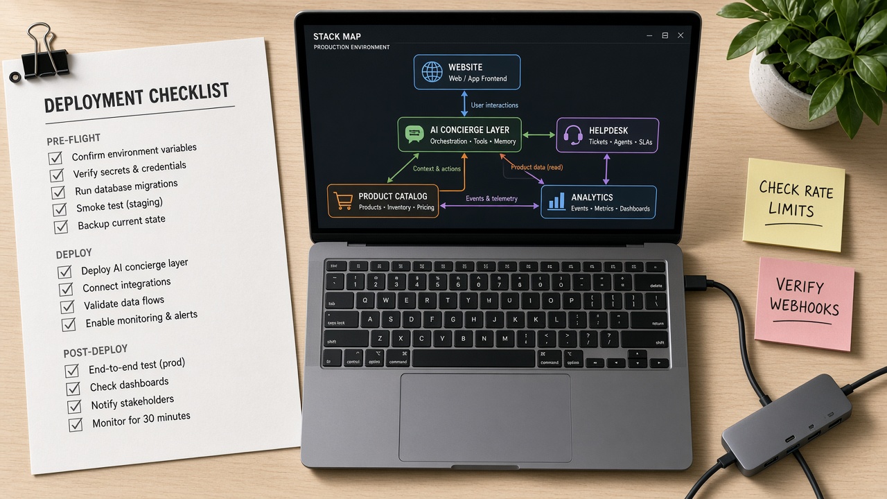 AI concierge deployment checklist and integration stack map on an operator workspace