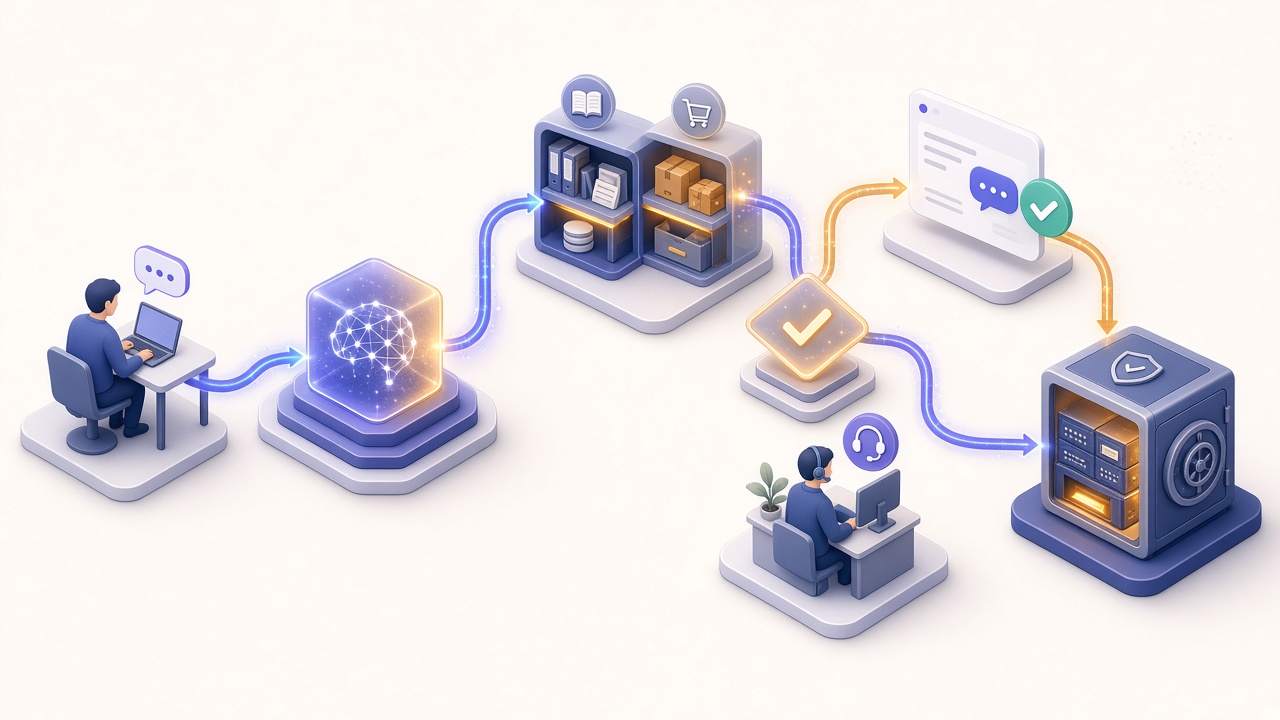 End-to-end flow of an AI online assistant handling customer queries from intent to handoff