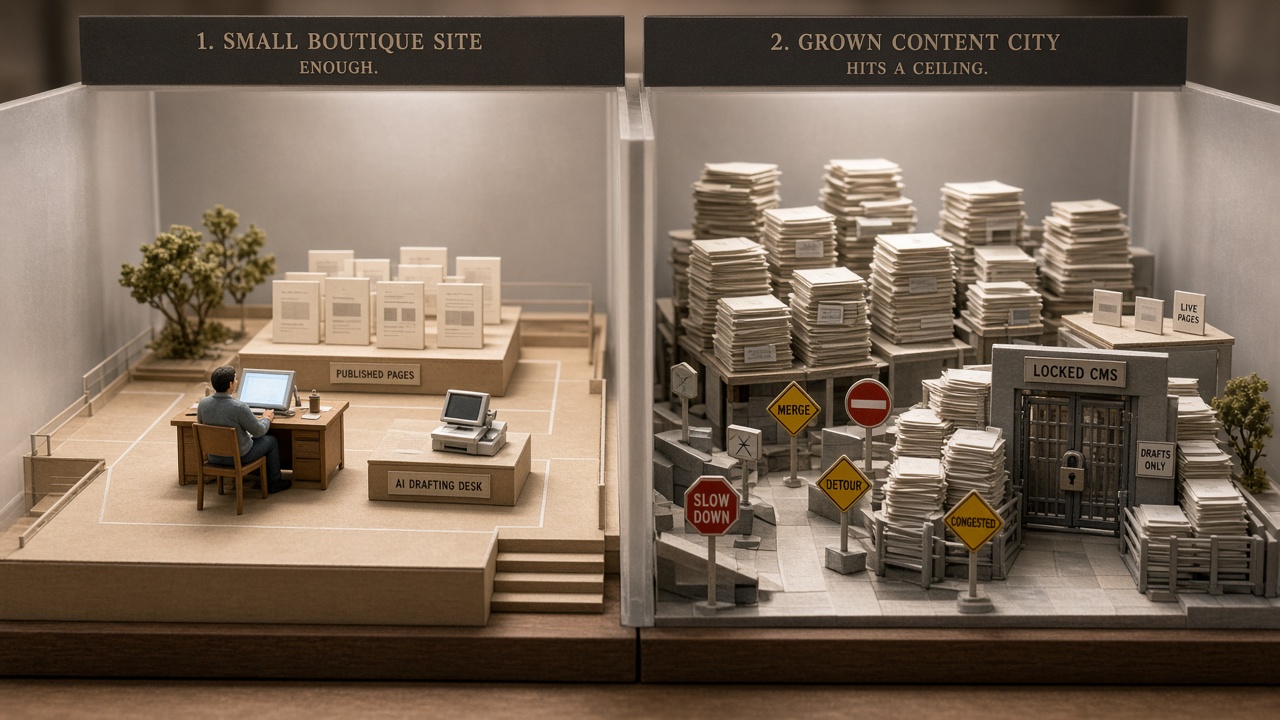 Small site succeeding with an AI content generator versus a growth-stage site hitting publish-ops limits