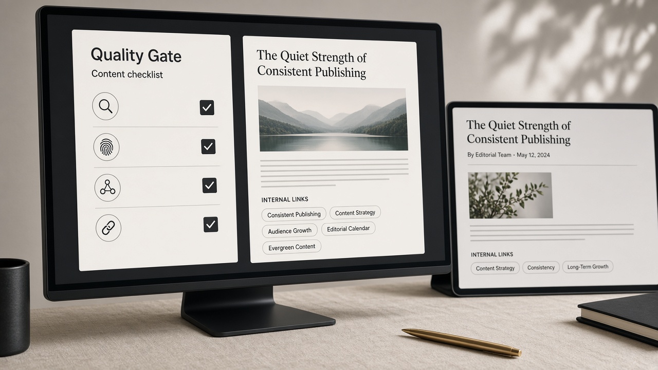 Quality checklist for AI-generated SEO pages covering intent, uniqueness, entities, and internal links