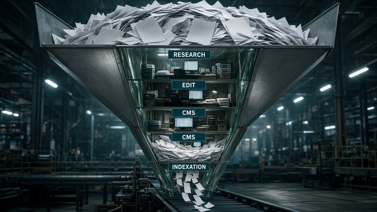 Generator-only workflow bottleneck from AI drafts through research, edit, CMS, and indexation