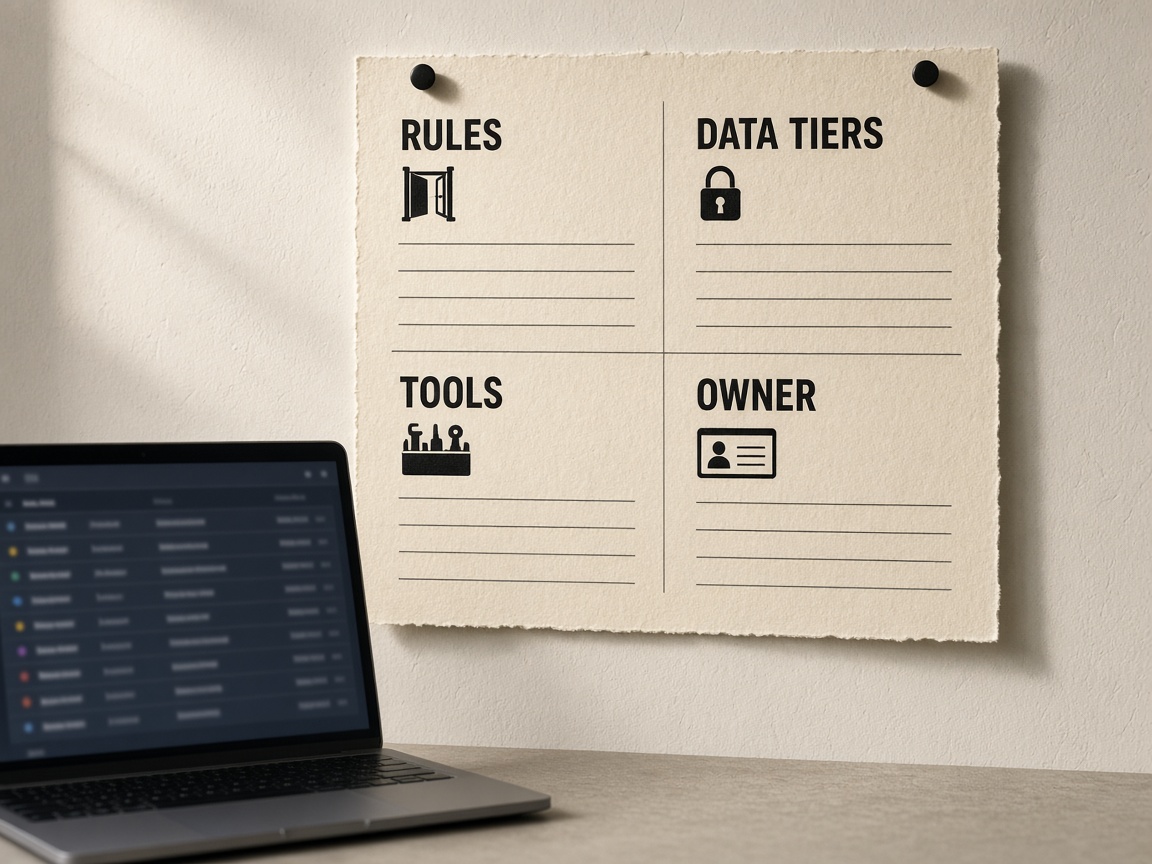 One-page AI content policy pinned above a laptop, split into rules, data tiers, tools, and owner