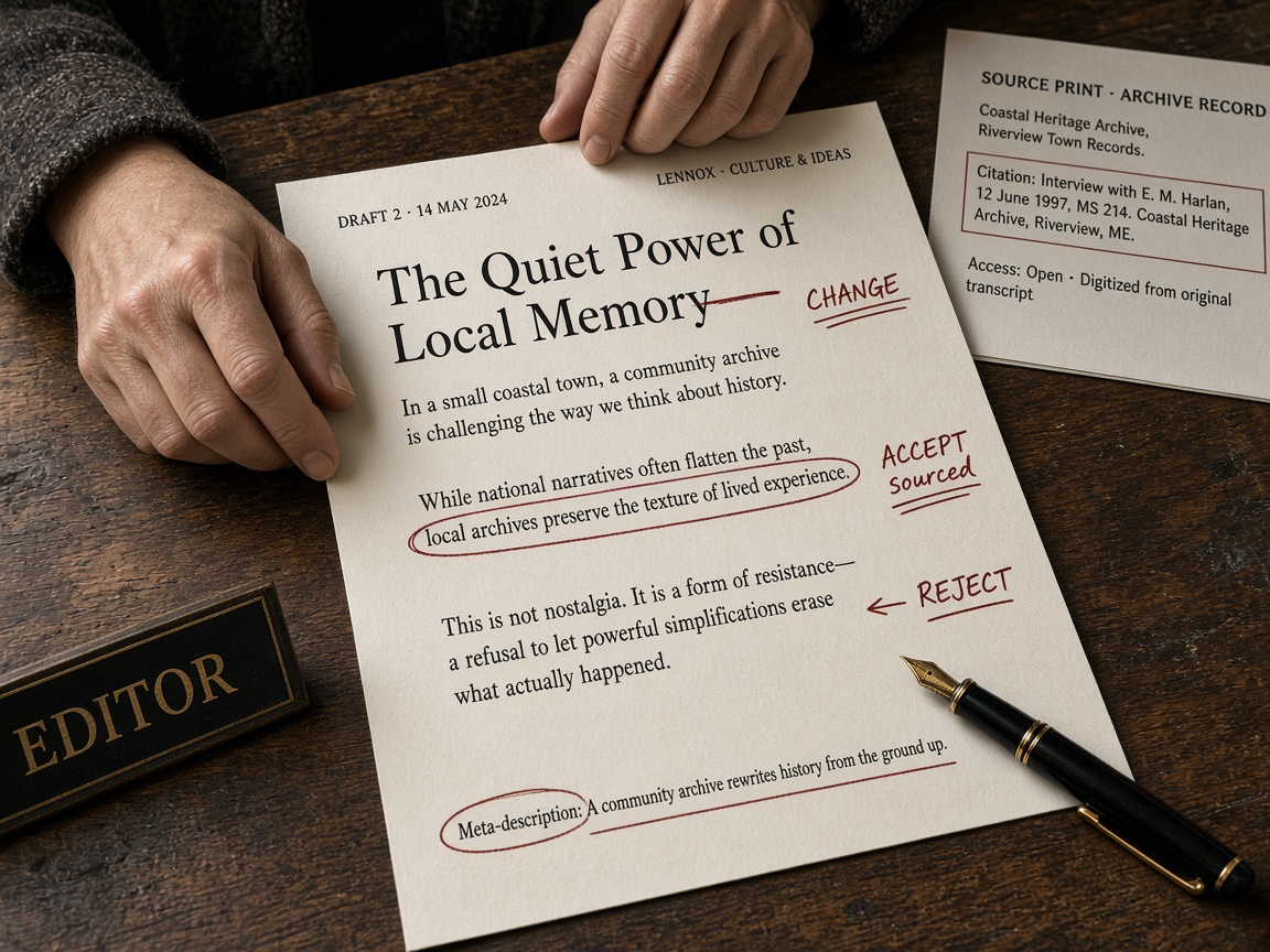 Named editor marking a sourced claim, title, and meta description before an automated article can publish