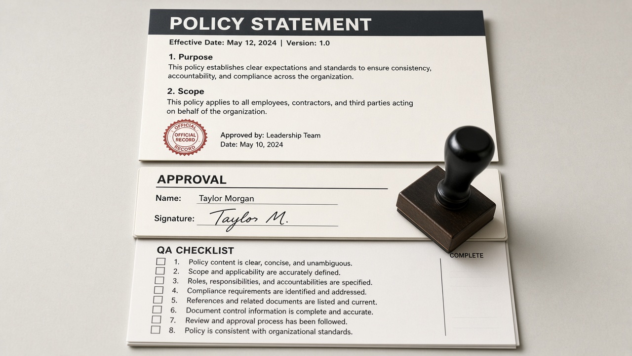 Three paper layers showing AI content governance above an approval stamp and a QA checklist