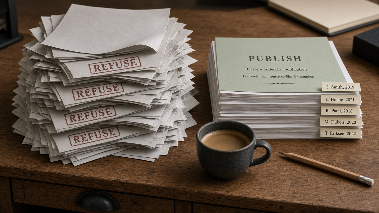 Thin duplicate SEO pages marked refuse beside a smaller stack of sourced articles marked publish