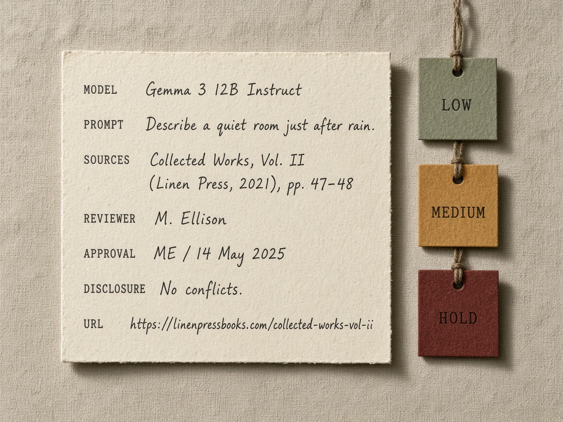 AI content provenance log card with model, prompt, sources, reviewer, approval, disclosure, and URL fields
