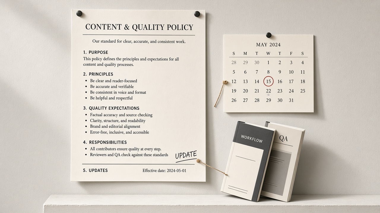 One-page AI content policy with a calendar review mark and a new-tool trigger beside workflow and QA documents