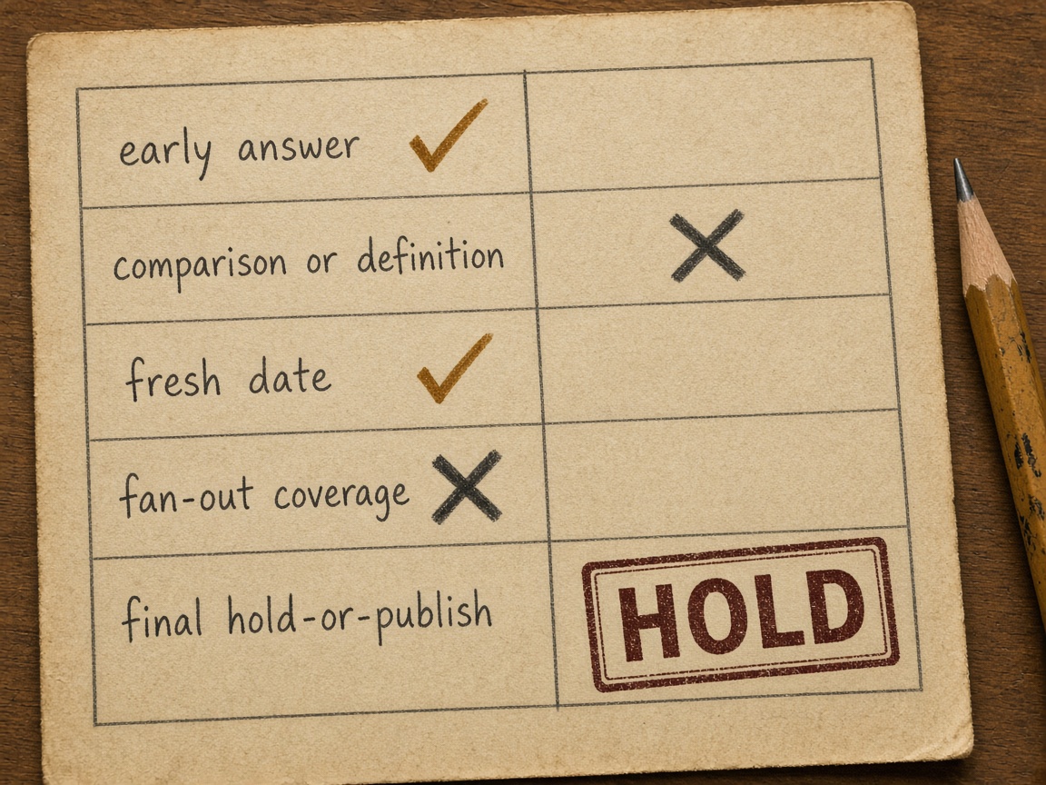 Hold-or-publish checklist for AI Overview citations, with pass and fail marks