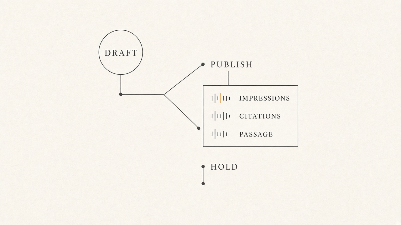 Publish or hold decision tree for AI overview optimization with measurement only on the publish branch