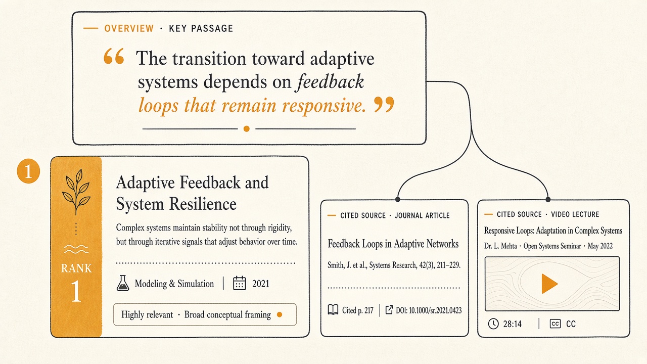 AI overview optimization diagram where a lower source and a video are quoted instead of the top listing