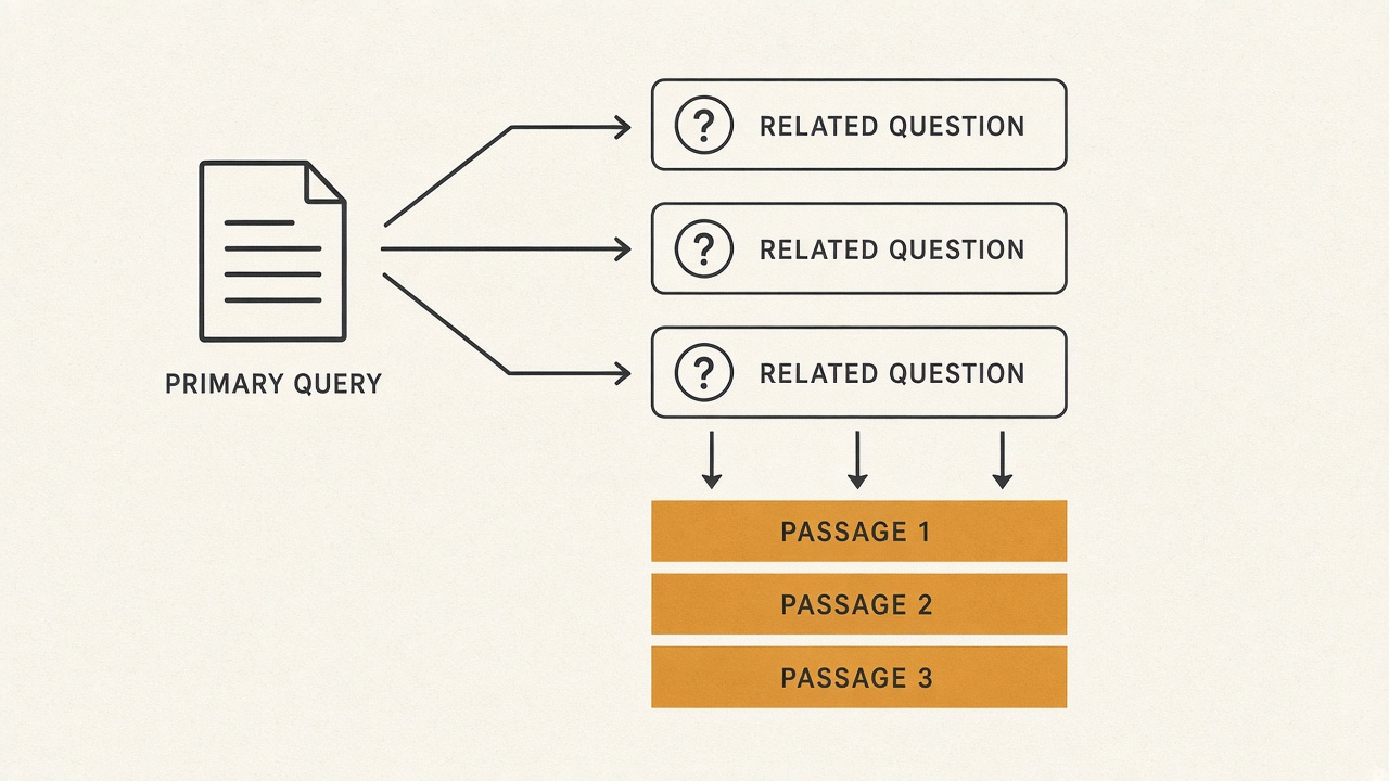AI overview optimization diagram of one query fanning out to three questions, each with its own quotable passage