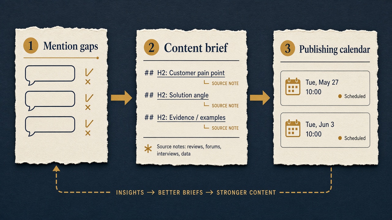 Flow from AI mention gaps into a content brief and publishing calendar