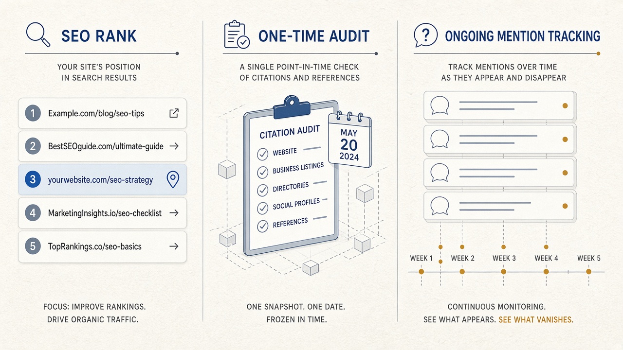 Diagram comparing SEO rank, citation audits, and AI mention tracking
