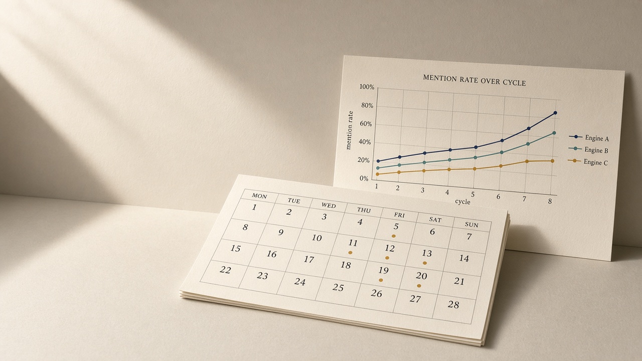 Calendar cadence beside mention-rate trend lines by answer engine