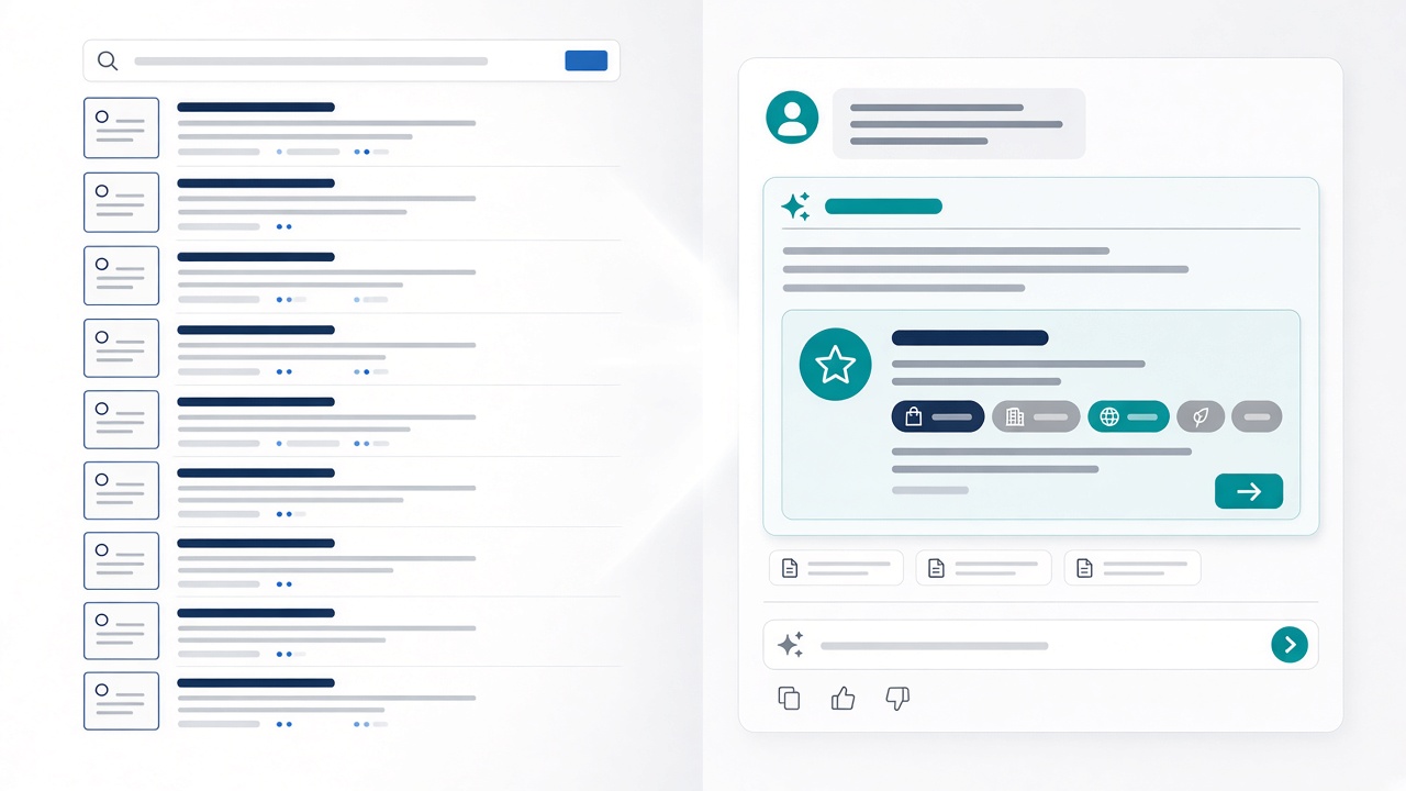 Diagram comparing classic SERP rankings with an AI visibility checker view of cited brands in answers