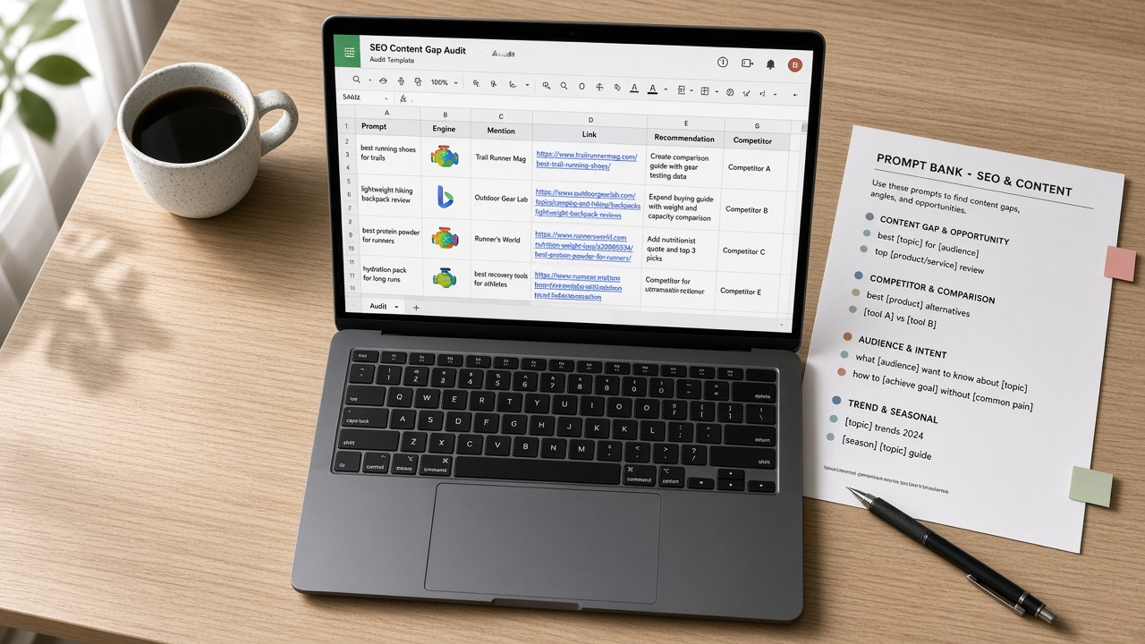 Baseline AI visibility checker audit template spreadsheet open on a laptop for multi-engine citation tracking