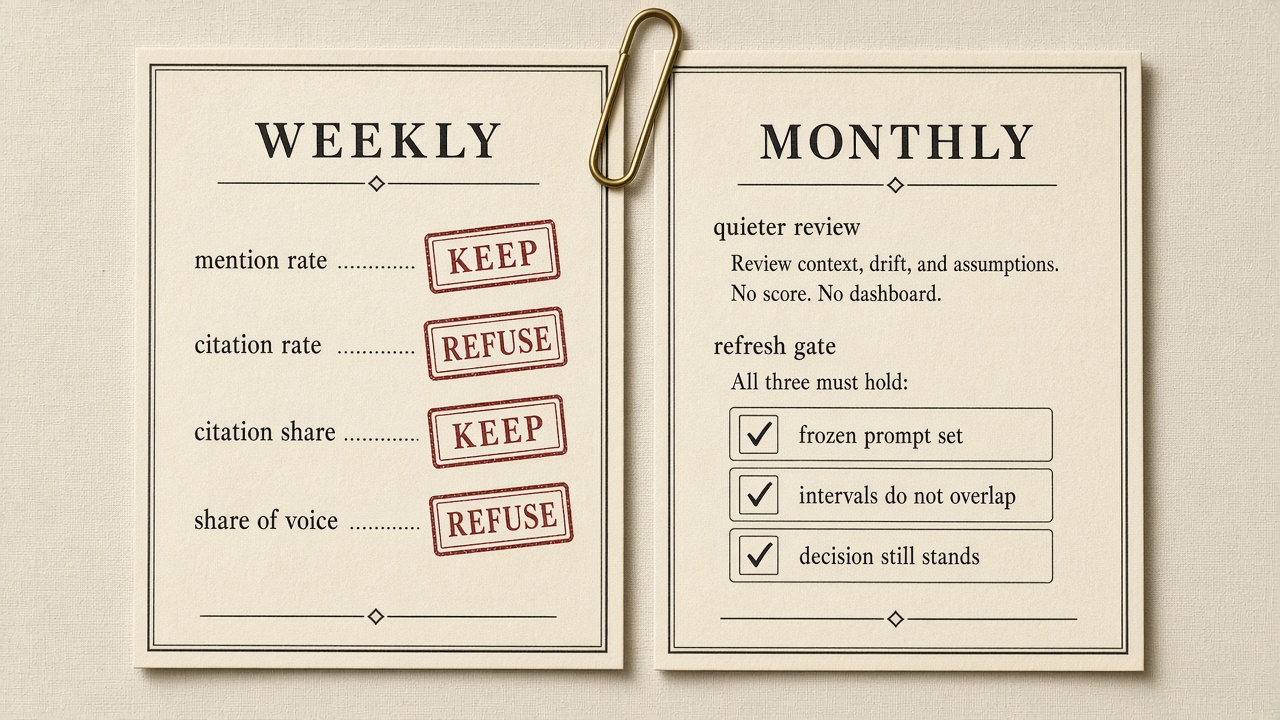Lean weekly dashboard of AI visibility metrics beside a monthly review and refresh gate