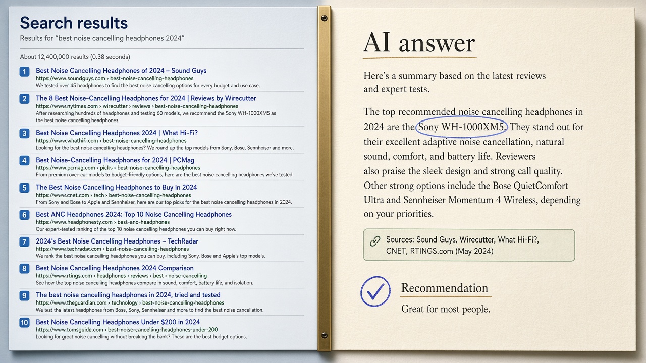 AI visibility metric compared with a search ranking: brand mention, citation, and recommendation as separate marks