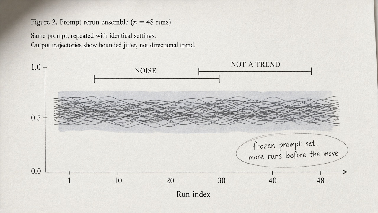 AI visibility metric trustworthiness shown as overlapping ranges labeled noise, not a trend