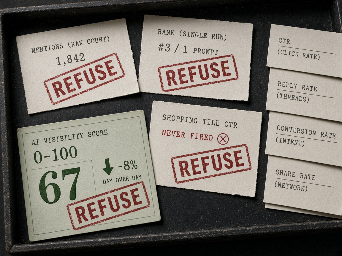 Vanity AI visibility metrics stamped refuse: raw counts, single-run ranks, and a blended score