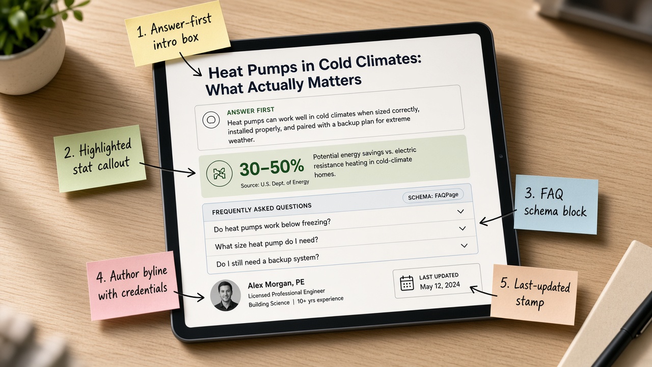Citation-ready content checklist mockup highlighting answer-first intro, stats, FAQ schema, and author byline
