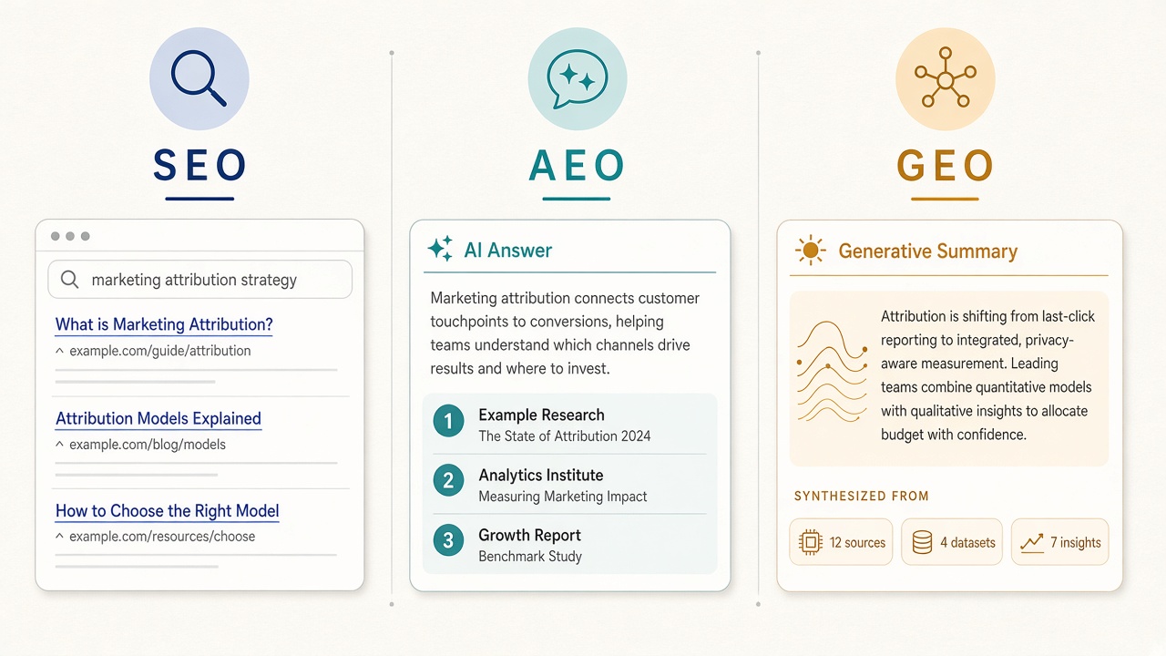 Diagram comparing Answer Engine Optimization AEO with SEO and GEO citation formats