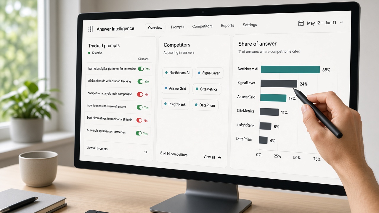 AI search visibility dashboard tracking prompt citations, competitors, and share of answer