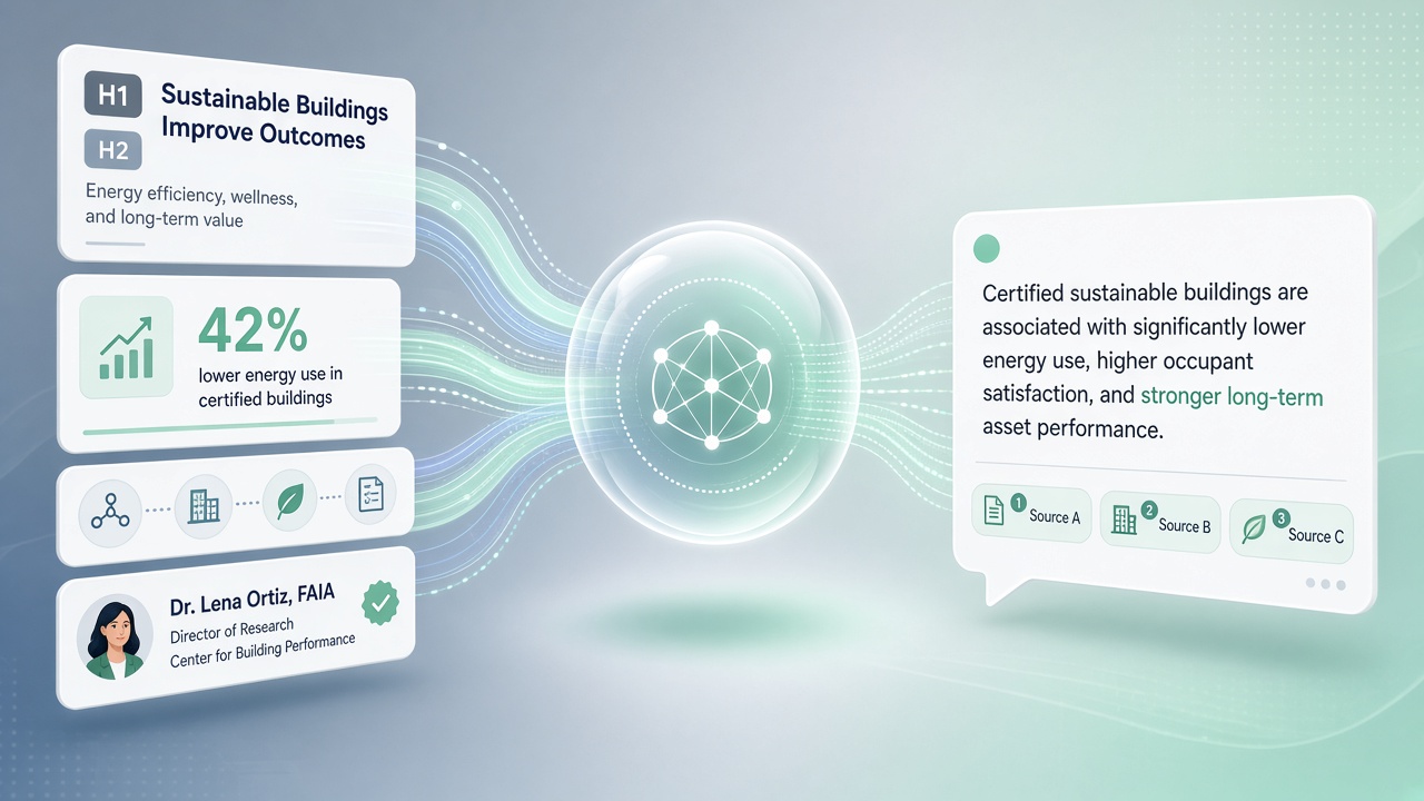Illustration of how AI answer engines ingest structured pages and cite sources in chat answers