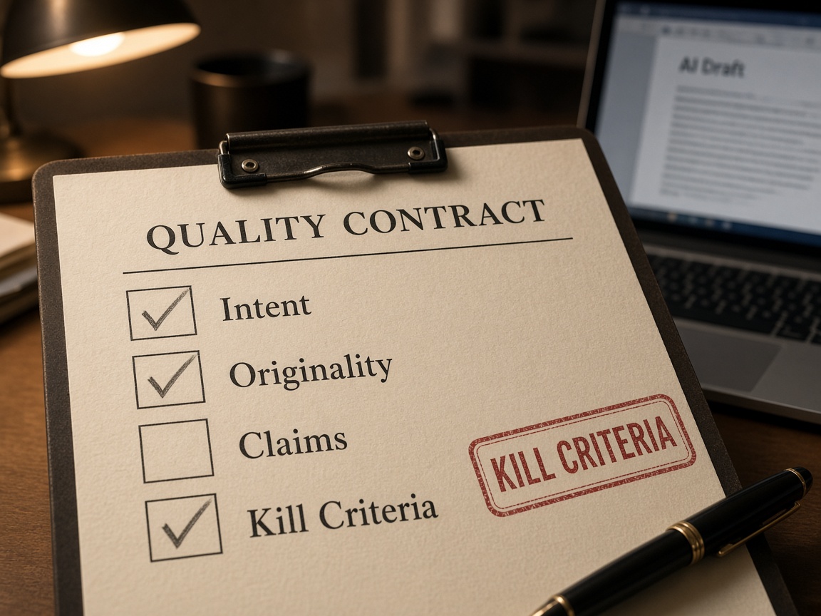 Quality contract checklist for automated blog posts covering intent originality and kill criteria
